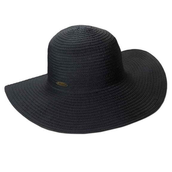 Panama Jack Women's Ribbon Floppy Packable Sun Hat, 4" Big Brim (Black)