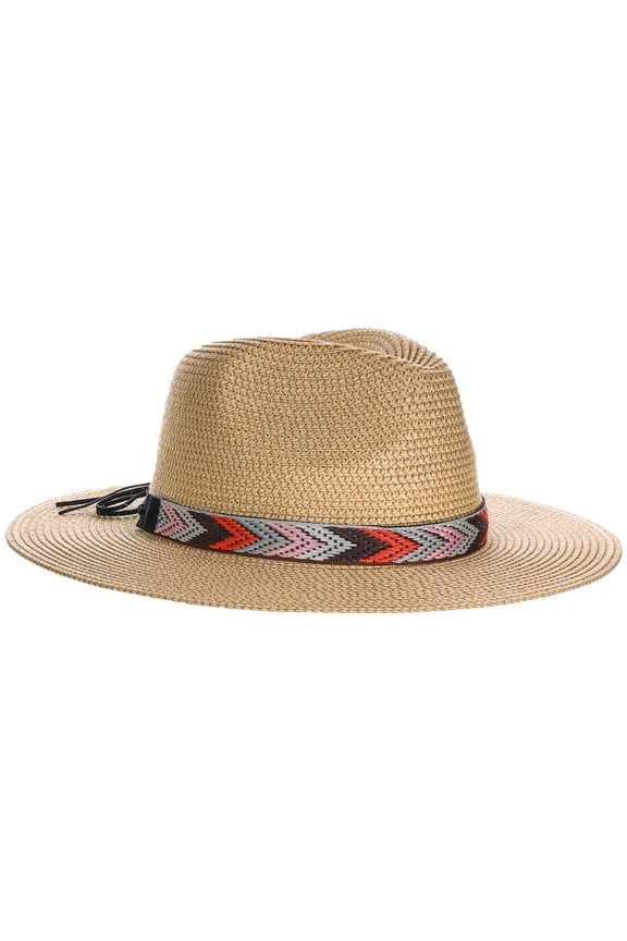Women's Safari Hat - Woven Aztec Band, Paper Braid Straw, 3" Big Brim (Brown)