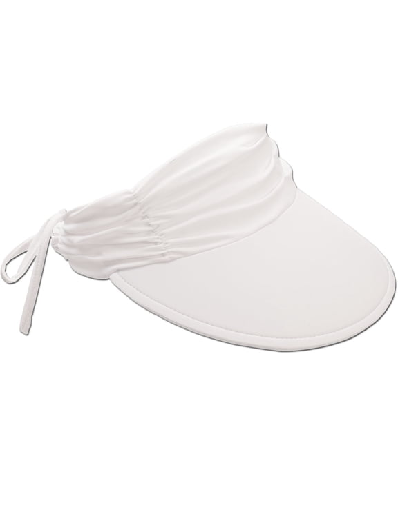 Women's Sun Visor Hat - Lightweight, Packable, Adjustable Tie, 4" Wide Floating Big Brim with Embroidered Logo (White)