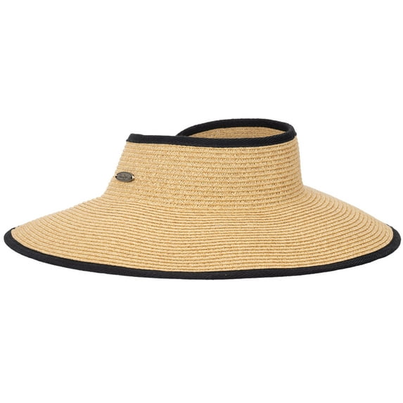 Panama Jack Women's Sun Visor - Straw Paper Braid, Roll-Up & Packable, Inner Sweatband, 4" Brim (Black)