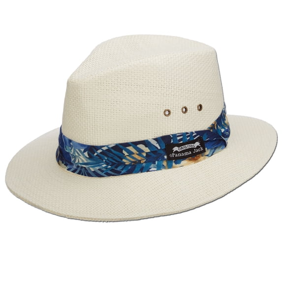 Panama Jack Woven Matte Toyo Safari Hat, UPF 50+ UVA/UVB Sun Protection, 2 1/2" Brim, Tropical Print Hat Band (Blue, Large)