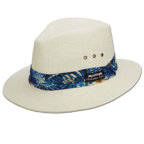 Panama Jack Woven Matte Toyo Safari Hat, UPF 50 UVA/UVB Sun Protection, 2 1/2" Brim, Tropical Print Hat Band (Blue, Medium)
