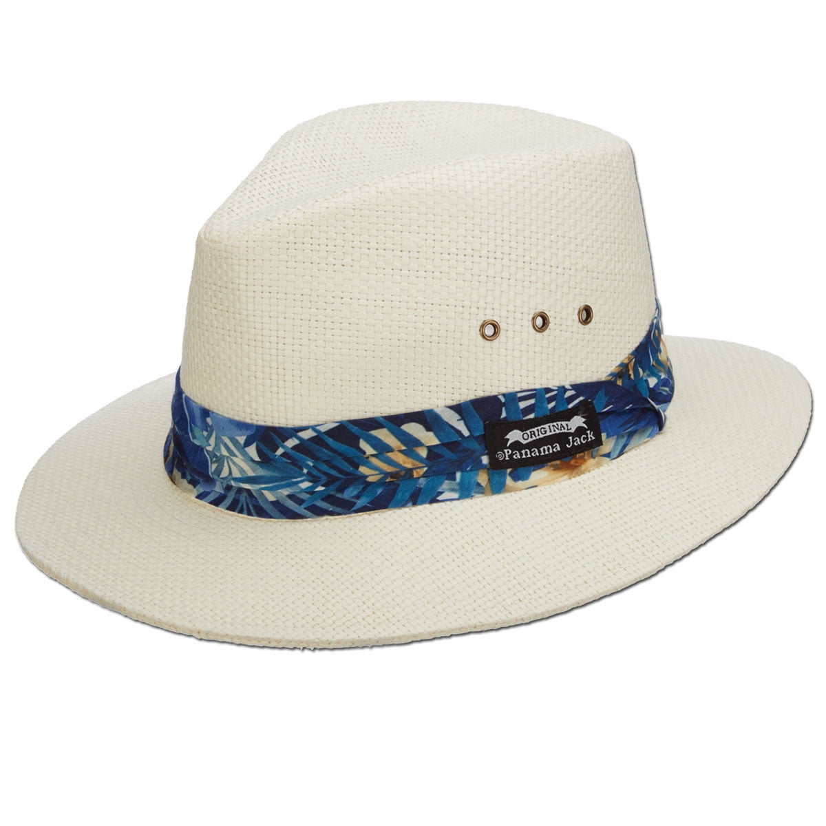 Panama Jack Woven Matte Toyo Safari Hat, UPF 50+ UVA/UVB Sun Protection, 2 1/2" Brim, Tropical Print Hat Band (Blue, X-Large)