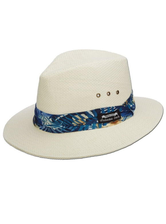 Panama Jack Woven Matte Toyo Safari Hat, UPF 50+ UVA/UVB Sun Protection, 2 1/2" Brim, Tropical Print Hat Band (Blue, X-Large)