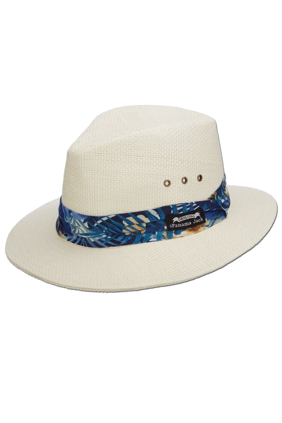 Woven Matte Toyo Safari Hat, UPF 50+ UVA/UVB Sun Protection, 2 1/2" Brim, Tropical Print Hat Band (Blue, X-Large)
