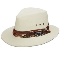 Panama Jack Woven Matte Toyo Safari Hat, UPF 50+ UVA/UVB Sun Protection, 2 1/2" Brim, Tropical Print Hat Band (Brown, Large)