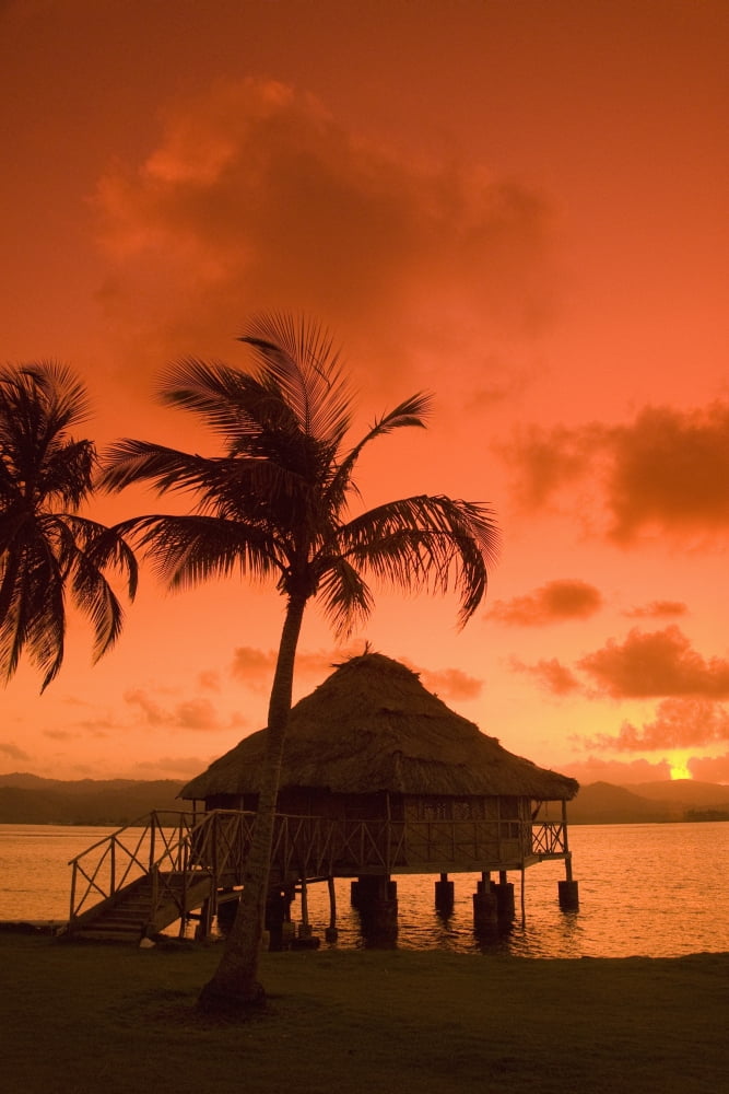 Panama San Blas Islands (also called Kuna Yala Islands) Yandup Island sunrise over the water hut Canvas Art - Richard Maschmeyer Design Pics (24 x 38)