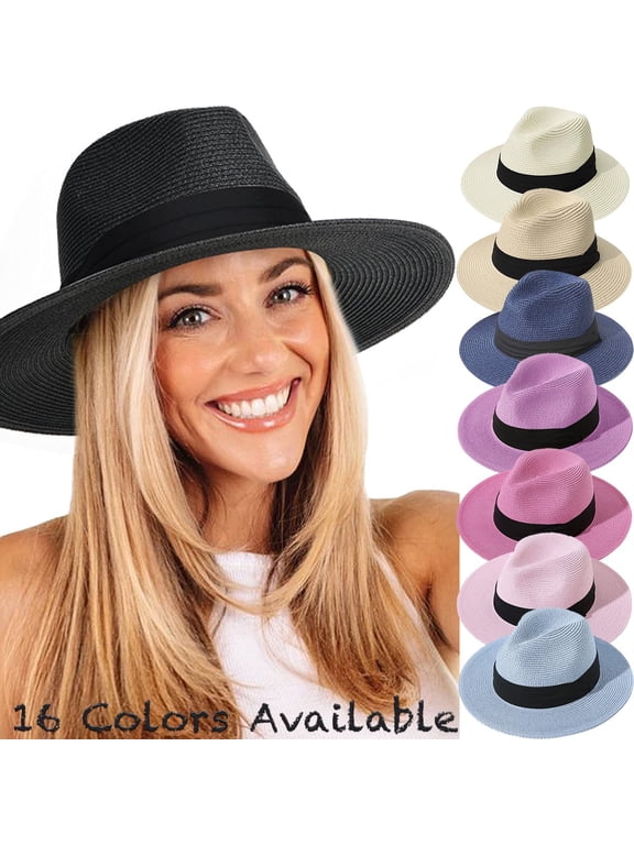 Panama Straw Hats for Women Men Summer Beach Sun Hat Wide Brim Fedora Cap UPF50+