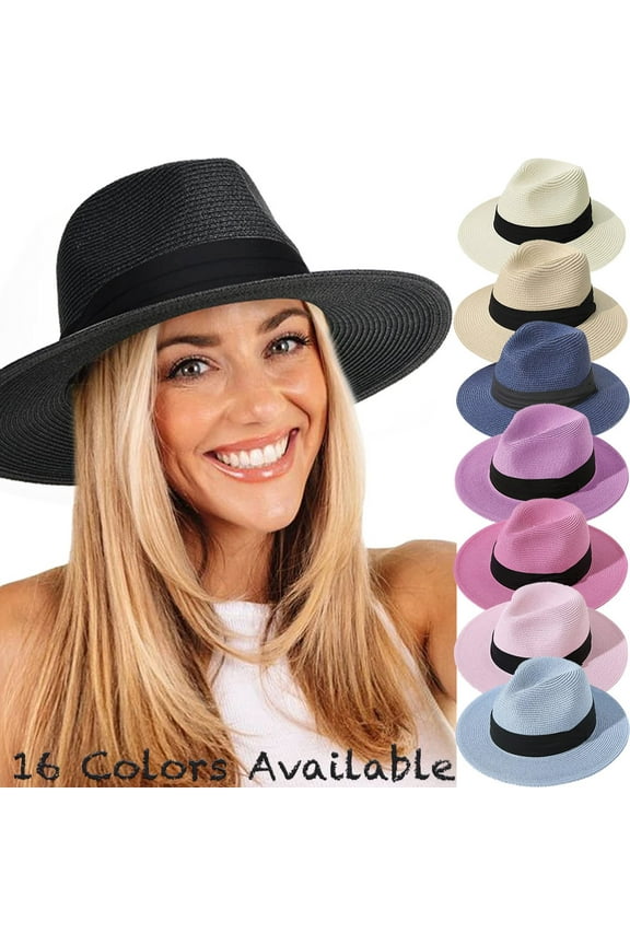 Panama Straw Hats for Women Men Summer Beach Sun Hat Wide Brim Fedora Cap UPF50+