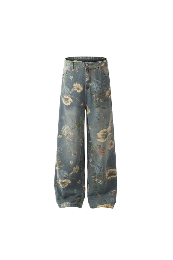 Retro Inspired Floral Printed High-Waisted Wide-Leg Denim Jeans – Perfect for Creating Cozy and Elegant Autumn Outfits with Sweaters or Boots