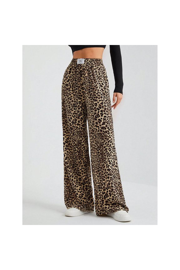 Women's Autumn Camo Striped Grid Leopard Print Drawstring High - Waisted Casual Loose Fit Wide Leg Trousers Athletic Pants