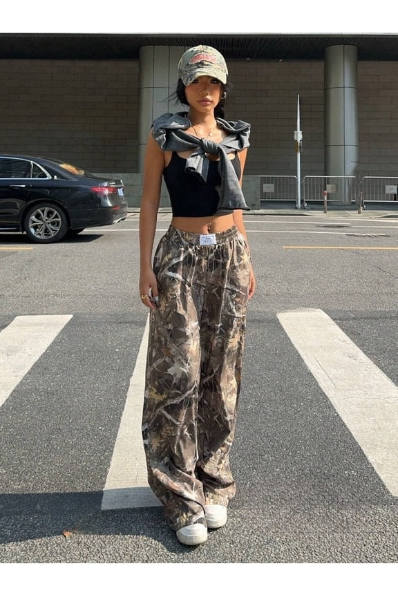 Women's Autumn Camo Striped Grid Leopard Print Drawstring High - Waisted Casual Loose Fit Wide Leg Trousers Athletic Pants