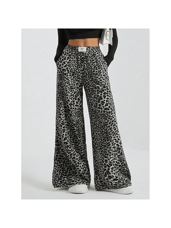 Women's Autumn Camo Striped Grid Leopard Print Drawstring High - Waisted Casual Loose Fit Wide Leg Trousers Athletic Pants