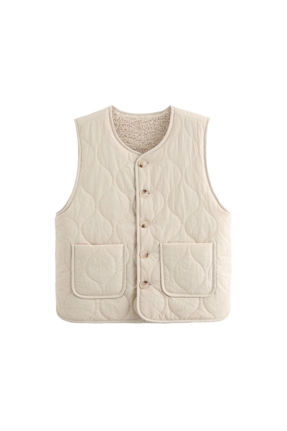 Women's Casual Quilted Fleece Lined Crew Neck Button-Front Vest with Patch Pockets Sleeveless Warm Layering Piece