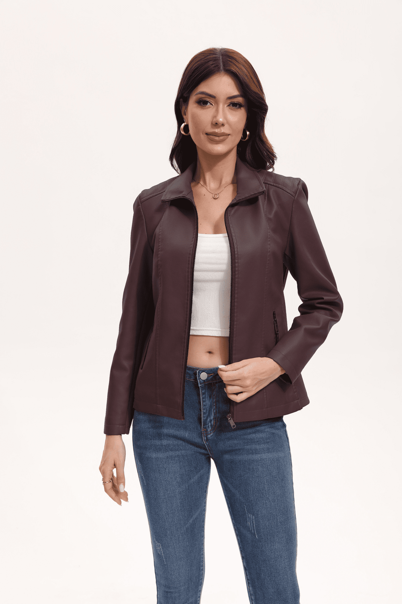 Panan Women's Faux Leather Jacket with Collar Long - Sleeve, Full - Zip Front & Side Zipper Pocket