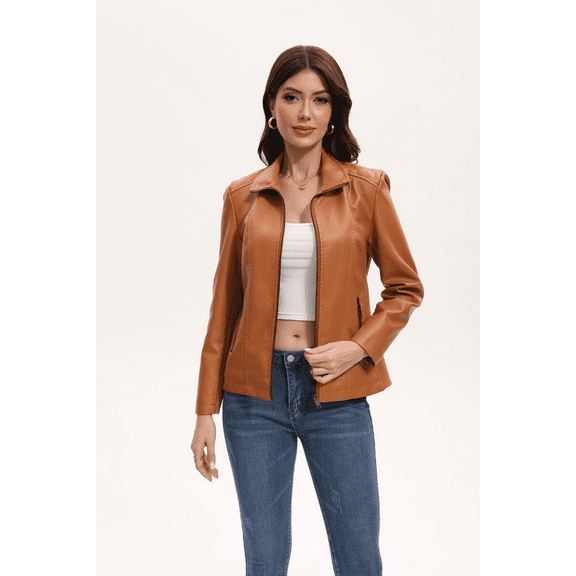 Panan Women's Faux Leather Jacket with Collar Long - Sleeve, Full - Zip Front & Side Zipper Pocket