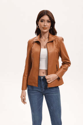 Women's Faux Leather Jacket with Collar Long - Sleeve, Full - Zip Front & Side Zipper Pocket