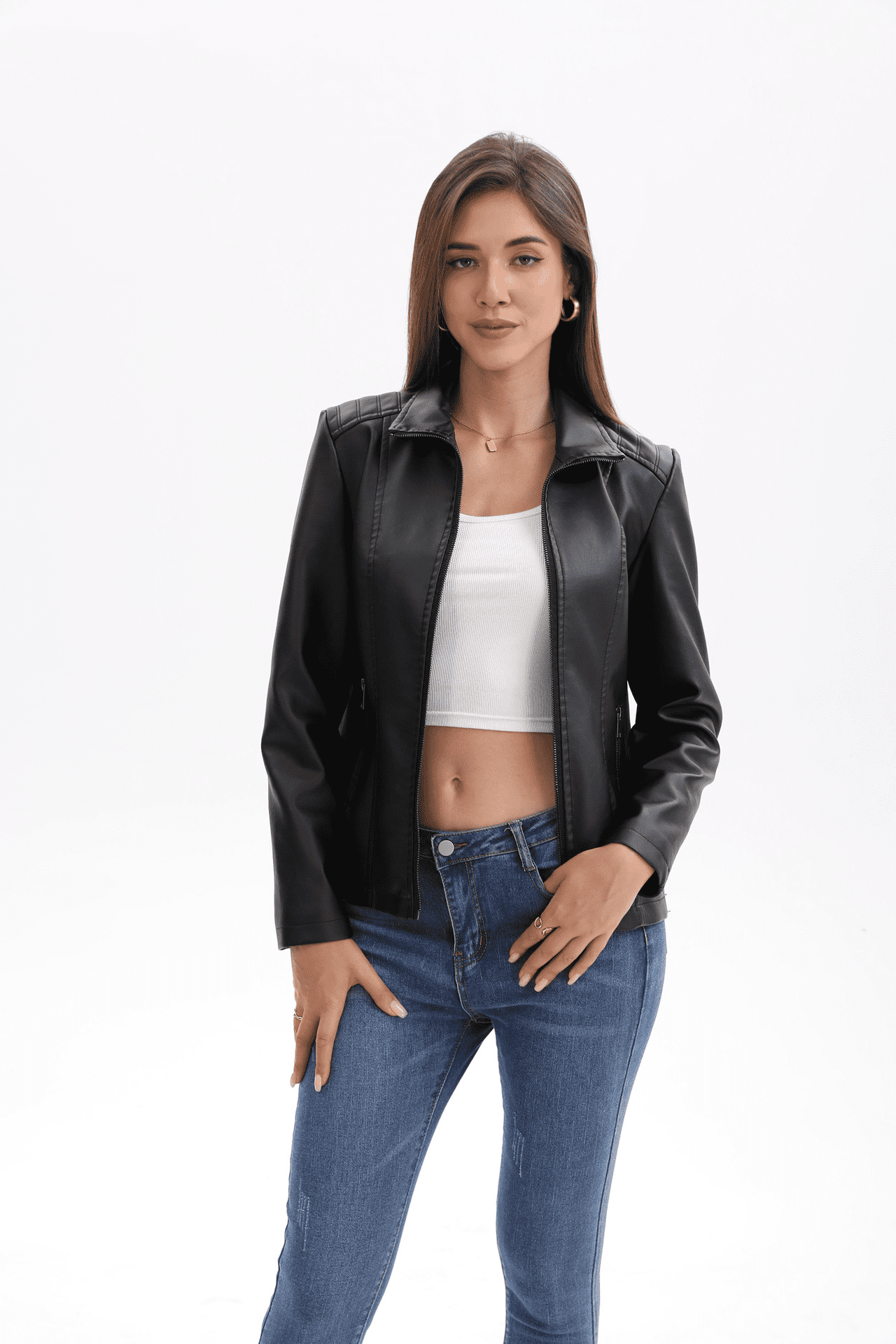 Panan Women's Faux Leather Jacket with Collar Long - Sleeve, Full - Zip Front & Side Zipper Pocket