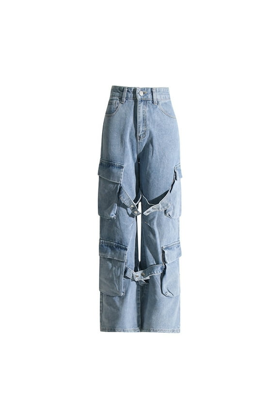 Women's High-Rise Denim Cargo Pants with 6+ Functional Utility Pockets, Eye-Catching Cut-Out Details and Relaxed Fit
