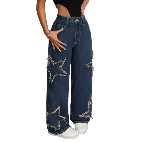 Panan Women's High Waist Vintage Wide Leg Jeans Star Fringe Distressed Detailing, Loose Fit Streetwear Inspired Denim Pants