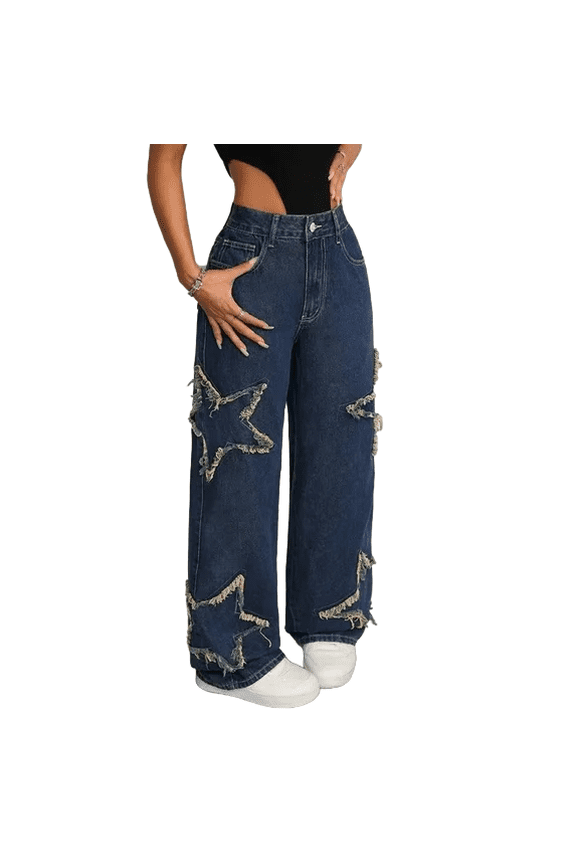 Women's High Waist Vintage Wide Leg Jeans Star Fringe Distressed Detailing, Loose Fit Streetwear Inspired Denim Pants