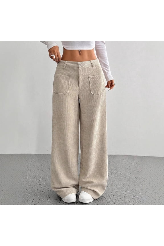 Women's High Waisted Corduroy Wide Leg Pants with Front Patch Pockets Casual Loose Fit Trousers Ideal for Everyday Wear or Retro Inspired Outfits