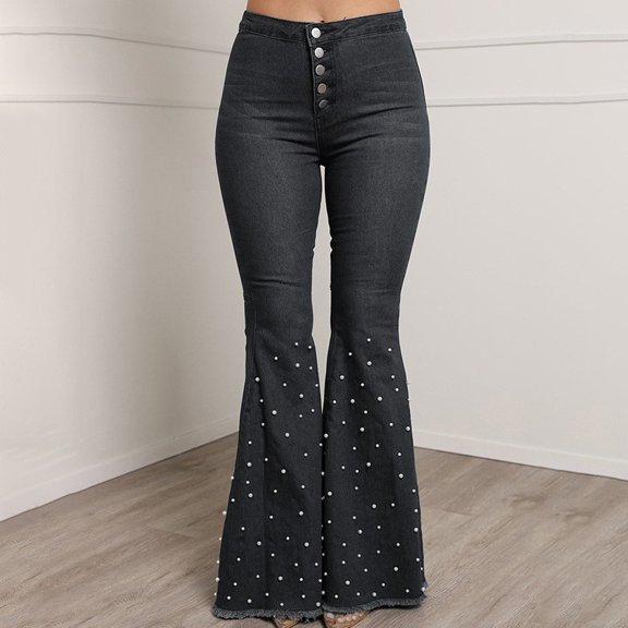 Panan Women's High Waisted Pearl Embellished Flared Jeans with Button Front, Frayed Hem and Dramatic Bell Bottom Design