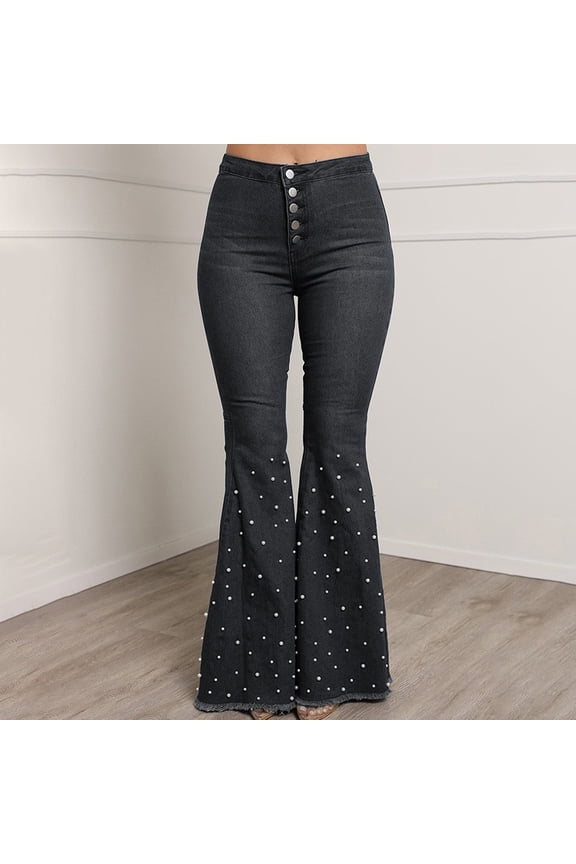 Panan Women's High Waisted Pearl Embellished Flared Jeans with Button Front, Frayed Hem and Dramatic Bell Bottom Design