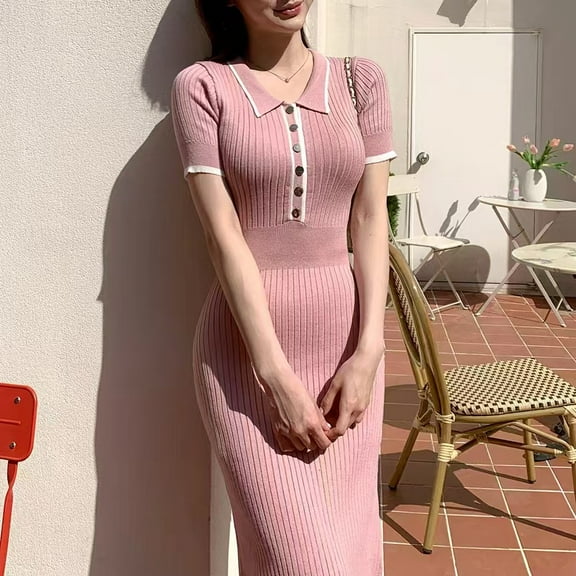 Panan Women's V Neck Ribbed Knit Midi Dress Short Sleeve Button Elegant Bodycon Sweater Dresses