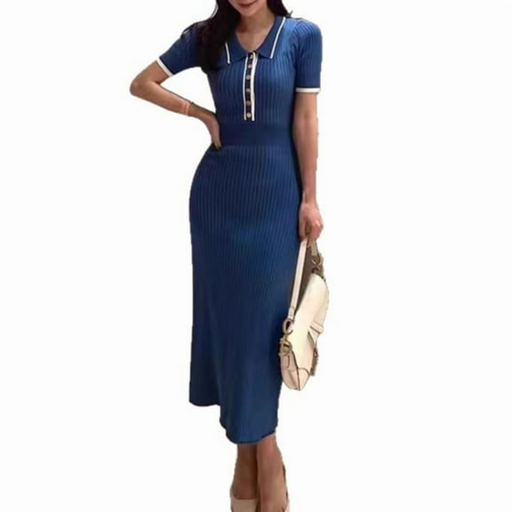 Panan Women's V Neck Ribbed Knit Midi Dress Short Sleeve Button Elegant Bodycon Sweater Dresses