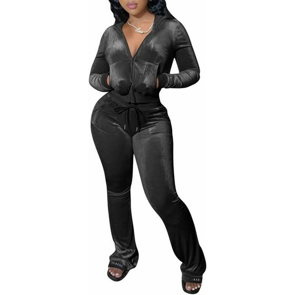 Panan Womens 2 Piece Outfits Velvet Sweatsuits Zip-up Hoodie Jacket Casual Jogging Set Tracksuit Set with Pockets