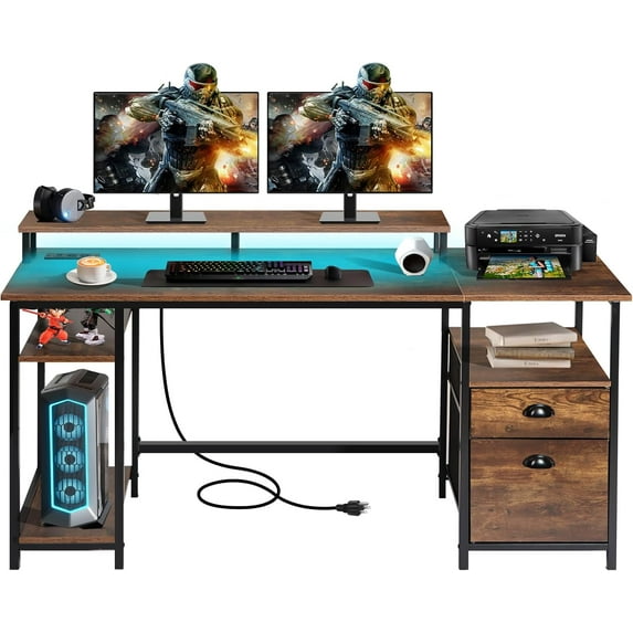 Panana 61.4" Computer Desk with Power Outlet and LED Lights, Desk with 2 Fabric File Cabinet Drawer, Large Reversible Gaming Desk with Shelves and Monitor Stand, Writing Study Desk for Home Office