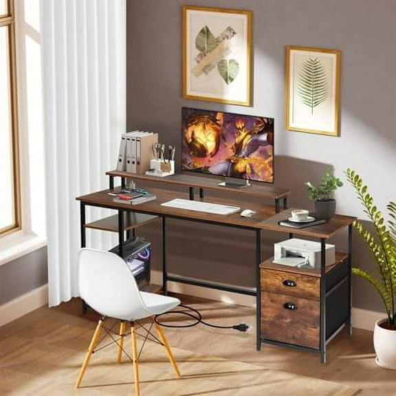 Panana 61.4" Computer Desk with Power Outlet and LED Lights, Desk with 2 Fabric File Cabinet Drawer, Large Reversible Gaming Desk with Shelves and Monitor Stand, Writing Study Desk