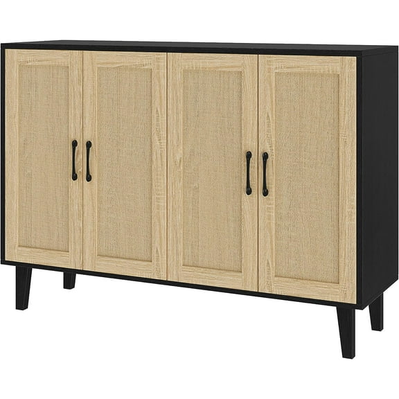 Panana Buffet Storage Cabinet with Rattan Decorating 4 Doors Living Room Kitchen Sideboard 48.43 x 34.65 x 15 inch (Black)