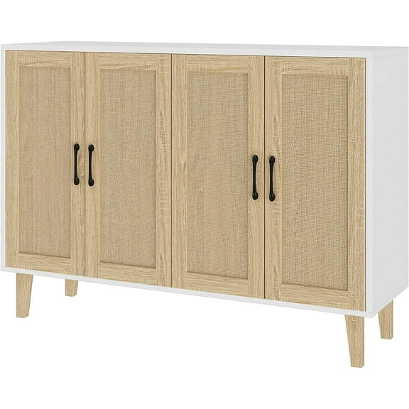 Panana Buffet Storage Cabinet with Rattan Decorating 4 Doors Living Room Kitchen Sideboard 48.43 x 34.65 x 15 inch (White)