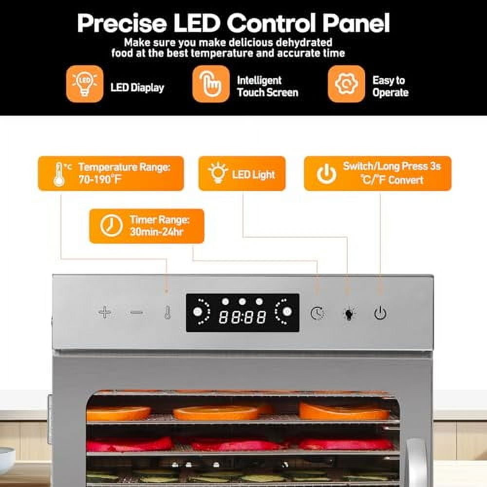 8-Tray Stainless Steel Food Dehydrator - 625W Digital Food Dryer With Timer & Temperature Control
