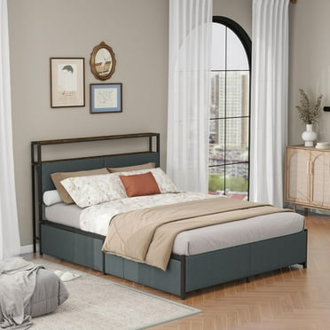 Panana Full/Queen Size Bed Frame with 4 Storage Drawers and Headboard, 2 Tier Shelves Headboard Storage, with Slats, Noise Free, No Box Spring Needed (Vintage Brown and Grey, Queen)