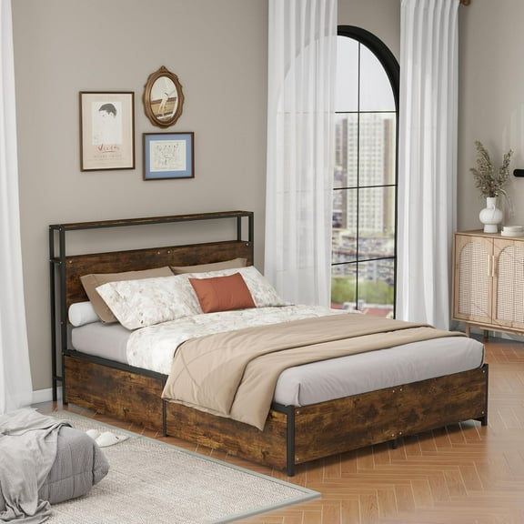 Panana Full/Queen Size Bed Frame with 4 Storage Drawers and Headboard, 2 Tier Shelves Headboard Storage, with Slats, Noise Free, No Box Spring Needed (Vintage Brown, Queen)