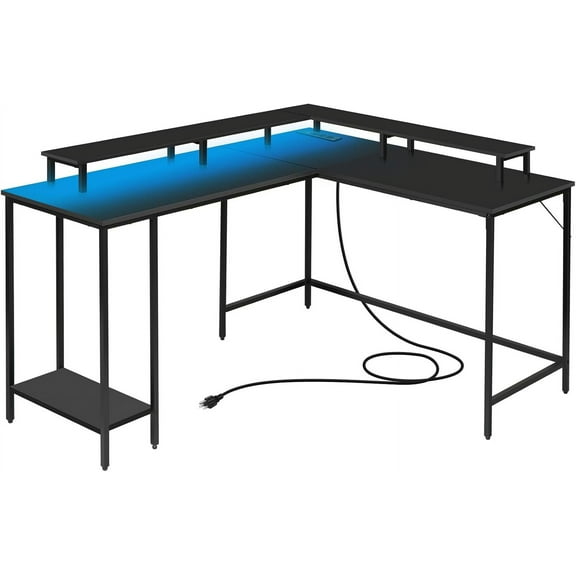 Panana L Shaped Computer Desk with LED Lights and Power Outlet, Reversible Corner Office Desk with Monitor Stand, L Shaped Gaming Desk for Home Office Bedroom (Black)