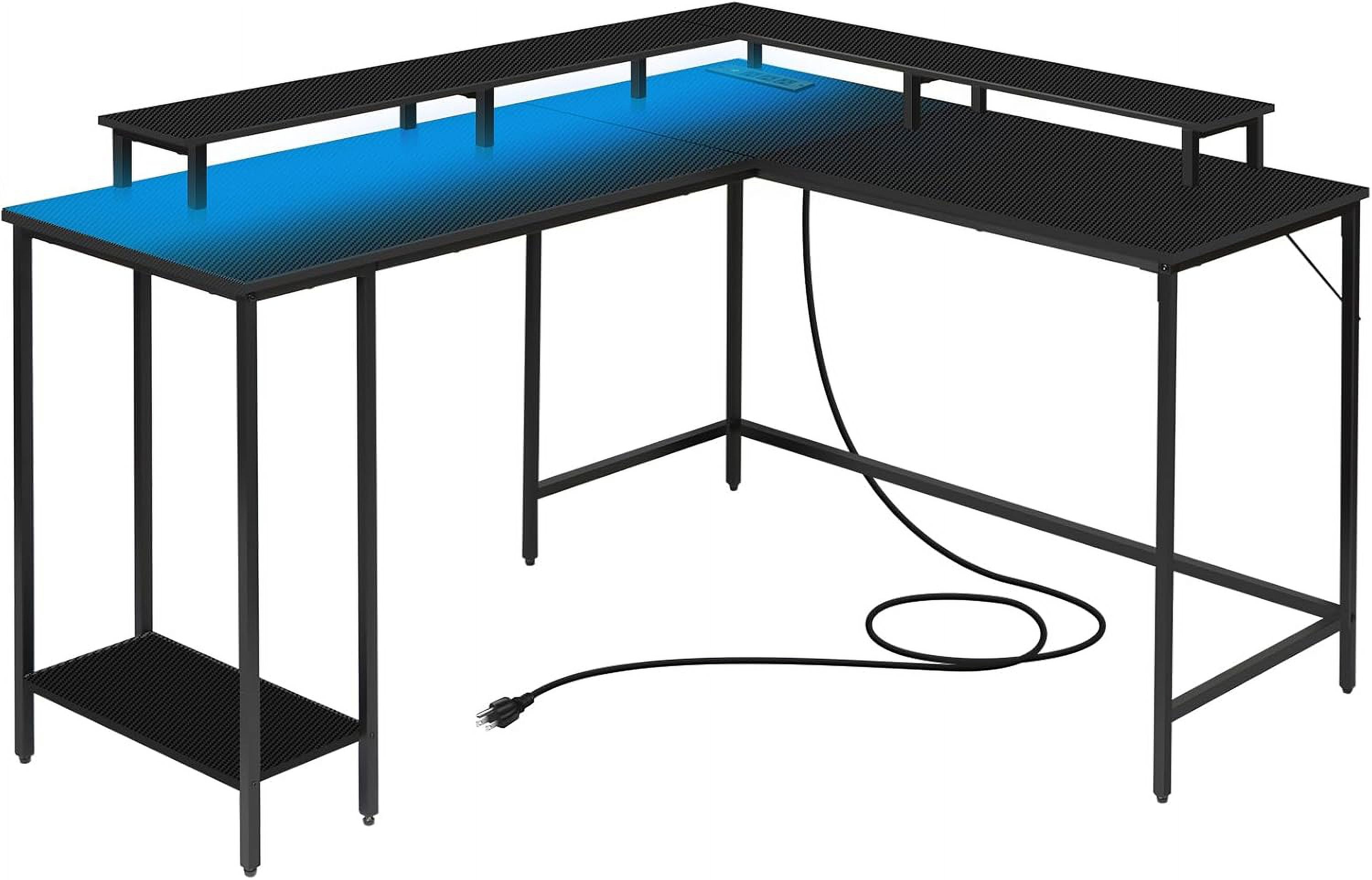 Panana L Shaped Desk With LED Lights & Power Outlet - Reversible Corner Gaming Desk With Monitor Stand, Black
