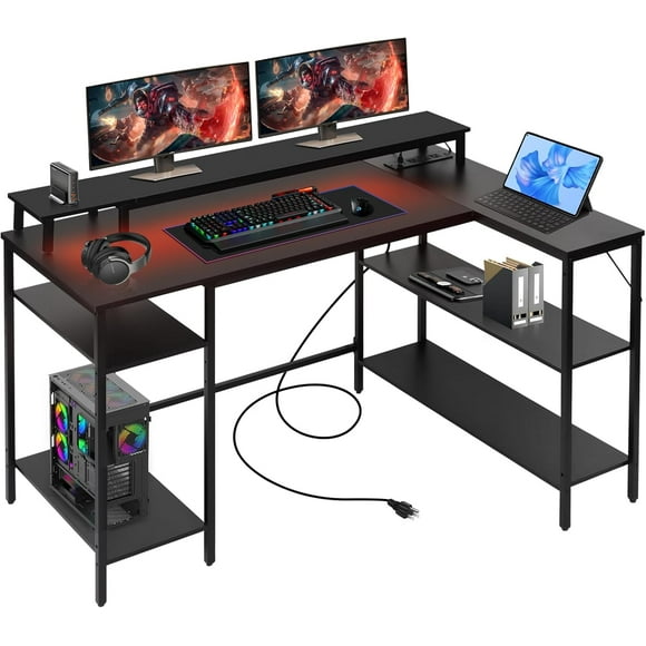 Panana L Shaped Gaming Desk with LED Lights & Power Outlets, Reversible Computer Desk with Stand & Shelves, Corner Desk Home Office Desk with USB Charging Port (Black)