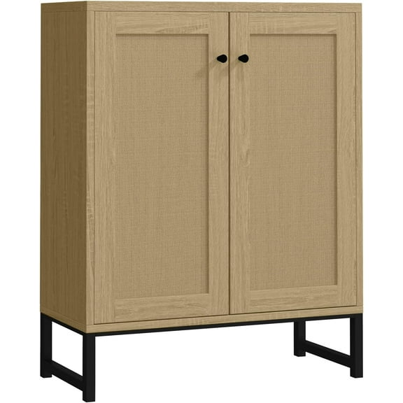 Panana Rattan Decorated 2 Doors Storage Cabinet Accent Cabinet Living Room Cupboard Kitchen Sideboard Buffet Table (Natural)