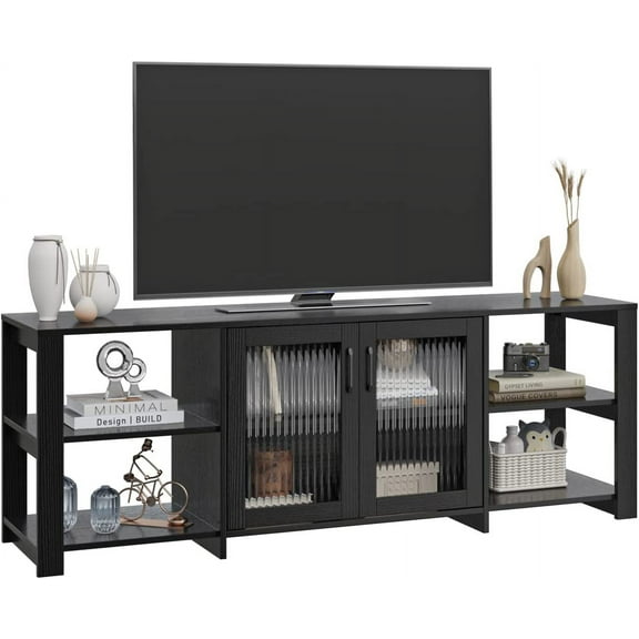 Panana TV Stand for 70 inch TV, Entertainment Center TV Console Table TV Storage Cabinets Media Console with 2 Doors and Open Shelves, 4 Cubby for Living Room Bedroom, Black