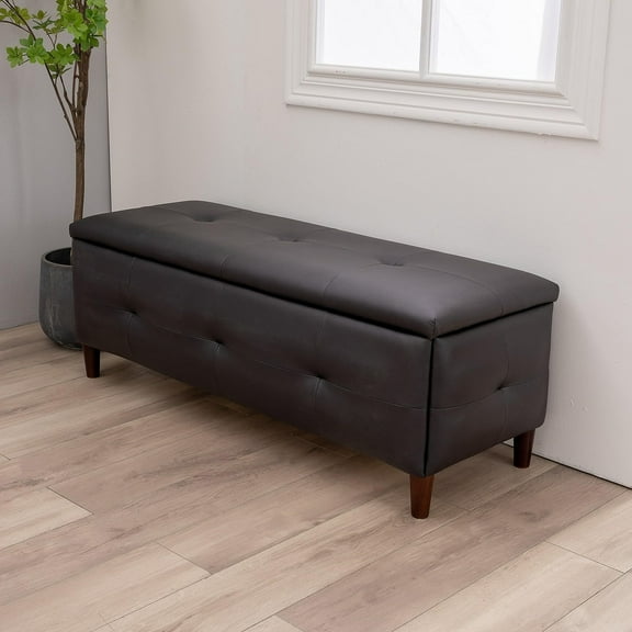 Panana Upholstered Rectangular Ottoman with Storage, 35" D x 35" W x 17.7" H, Solid Wood Legs, Linen or Black Leather Look Fabric (Black Leather Look Fabric)