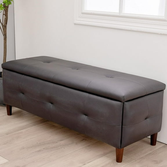 Panana Upholstered Storage Rectangular Lift Top Ottoman and Entryway , Black Faux Leather, 44.5 in W x 17.7 in D x 17.7 in H
