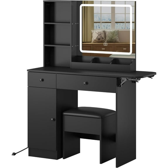 Panana Vanity Desk Set with Mirror and LED Lights, Makeup Table with 2 Drawers & 1 Cabinet, Power Outlet, Storage Cushioned Stool, Dressing Table for Bedroom (Black)