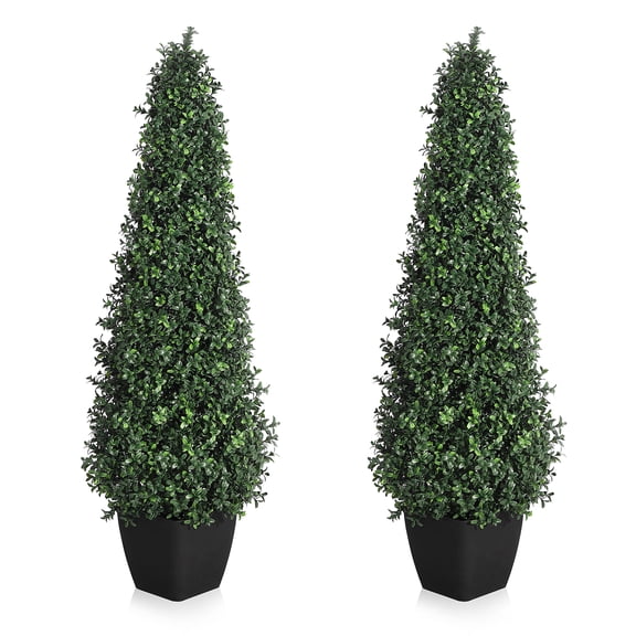 Panapinka 3 ft Artificial Boxwood Topiary Trees Set of 2, Cone Shape Faux Plants in Black Planter, Indoor Outdoor Fake Trees for Front Porch, Patio, Garden, Office & Home Decor