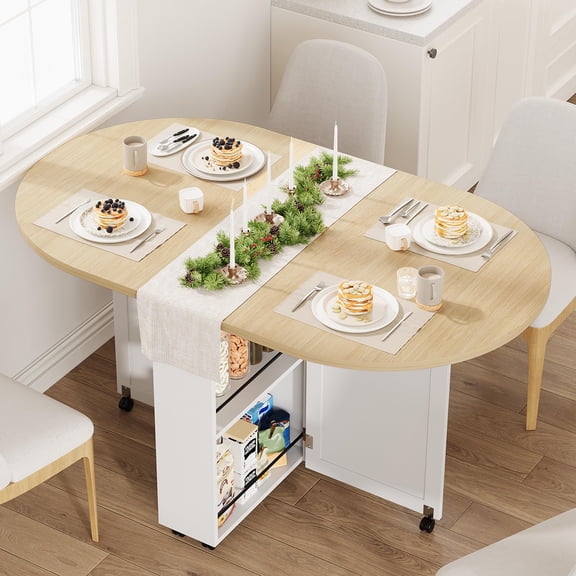 Panapinka 3-in-1 Folding Dining Table with Wine Rack & Cup Holder Lockable Casters, Drop Leaf Oval Folding Kitchen Table for Small Spaces