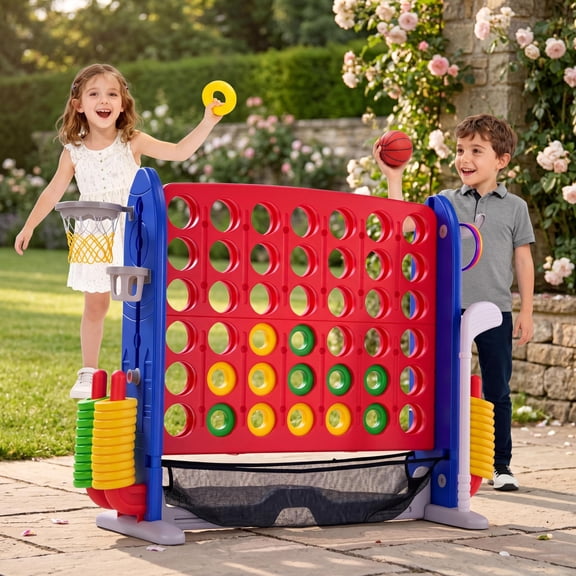 Panapinka 3-in-1 Jumbo 4-in-a-Row Connect Game with Adjustable Stand, Quick-Release Slider, 42 Rings, Giant Indoor/Outdoor Party Game with Basketball & Ring Toss