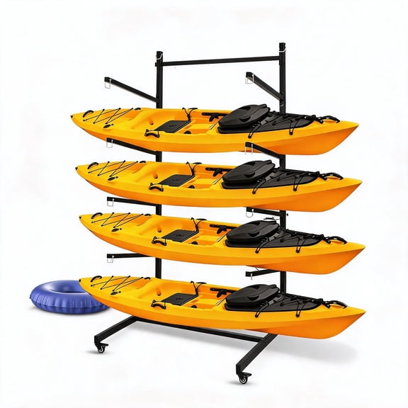 Panapinka 4-Tier Freestanding Adjustable Kayak Storage Rack with Rolling Wheels, Heavy-Duty Anti-Rust Steel Stand with Non-Slip EVA Pads Holds Kayaks Canoes Surfboards SUP Paddleboards Max 400 LBS